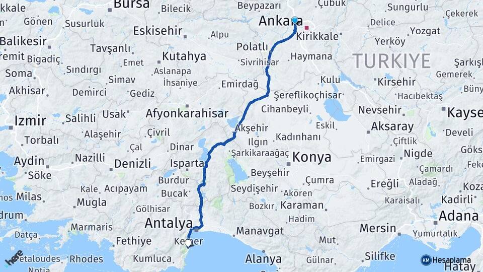 Ankara Etimesgut Eryaman Kemer Antalya Arası Kaç Km - Yol Haritası