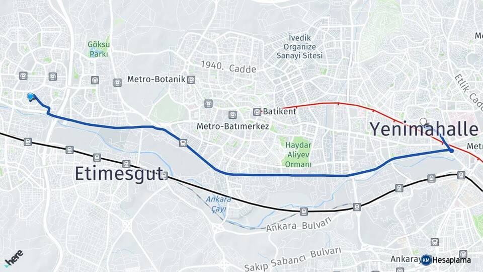 Ankara Etimesgut Eryaman Yenimahalle Arası Kaç Km - Yol Haritası