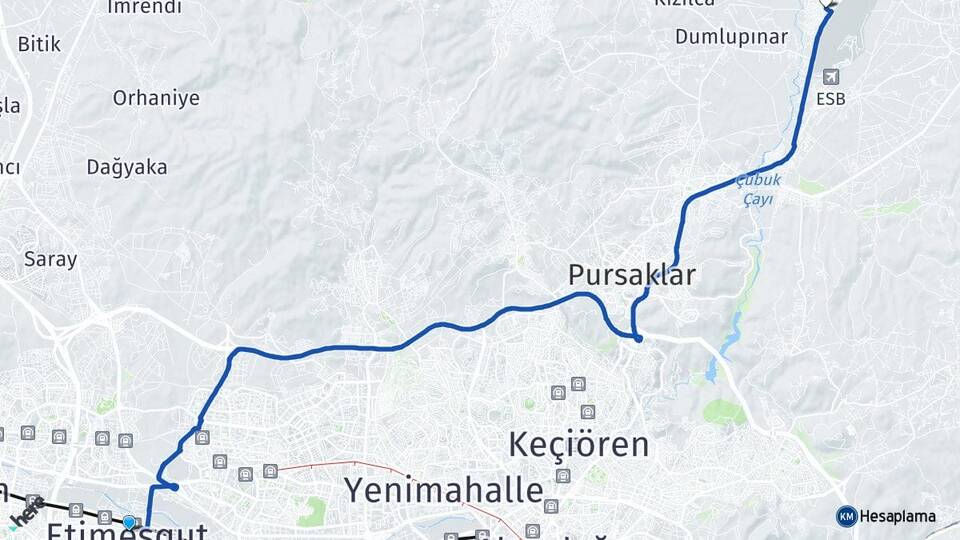 Ankara Etimesgut Esenboğa Çubuk Arası Kaç Km - Yol Haritası