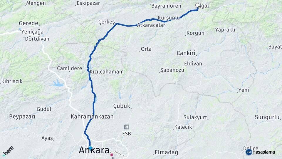 Ankara Etimesgut Ilgaz Çankırı Arası Kaç Km - Yol Haritası