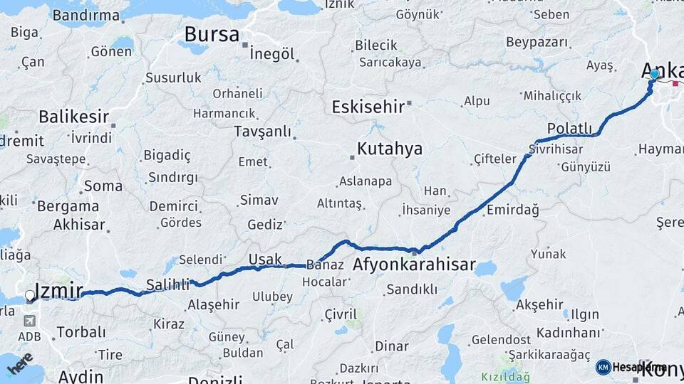Ankara Etimesgut İzmir Arası Kaç Km - Yol Haritası