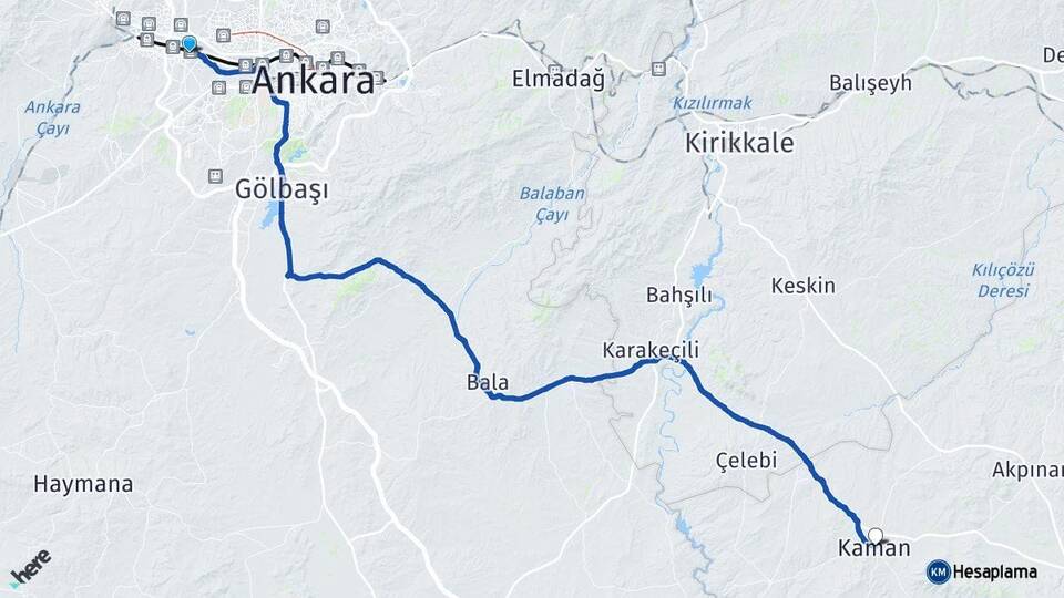 Ankara Etimesgut Kaman Kırşehir Arası Kaç Km - Yol Haritası