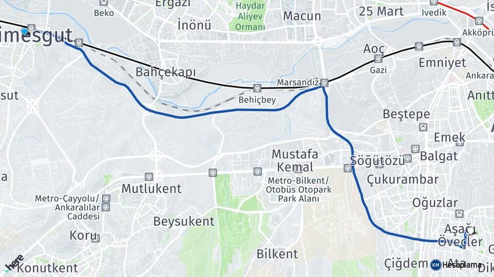Ankara Etimesgut Öveçler Çankaya Arası Kaç Km - Yol Haritası