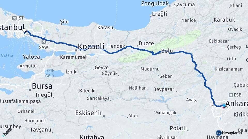 Ankara Eyüpsultan İstanbul Arası Kaç Km - Yol Haritası