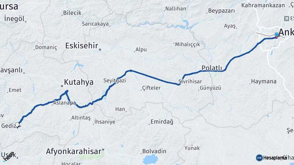 Ankara Gediz Kütahya Arası Kaç Km - Yol Haritası