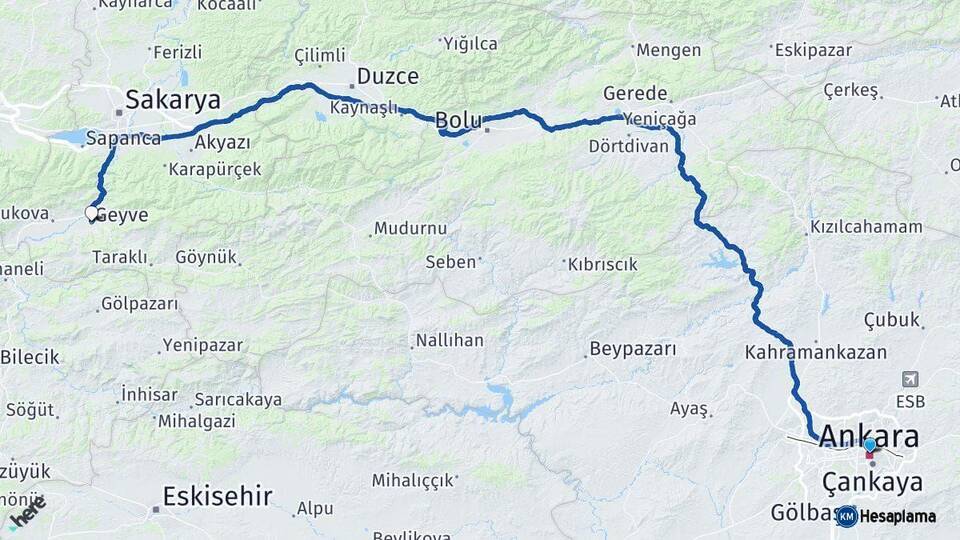 Ankara Geyve Sakarya Arası Kaç Km - Yol Haritası