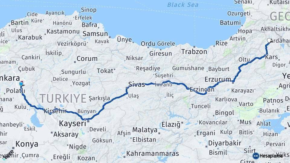 Ankara Gölbaşı Ardahan Arası Kaç Km - Yol Haritası