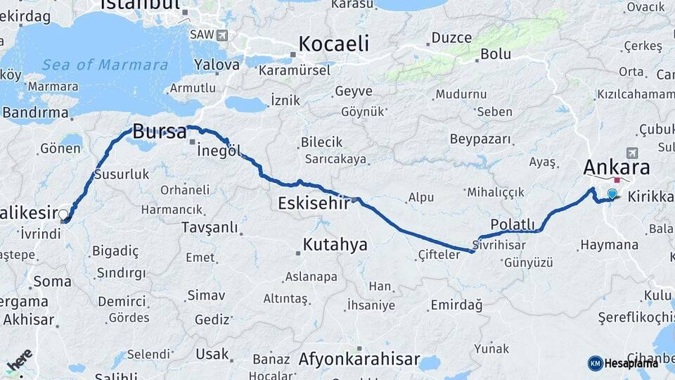 Ankara Gölbaşı Balıkesir Arası Kaç Km - Yol Haritası