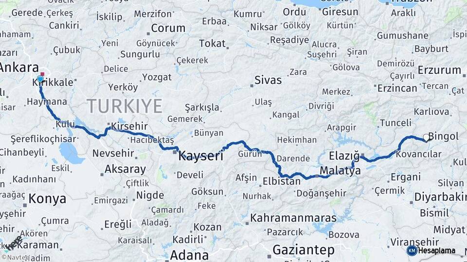 Ankara Gölbaşı Bingöl Arası Kaç Km - Yol Haritası