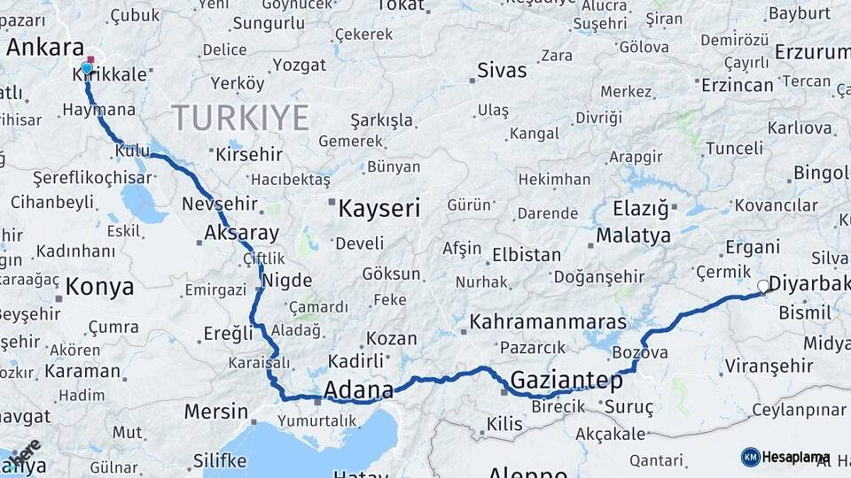 Ankara Gölbaşı Diyarbakır Arası Kaç Km - Yol Haritası
