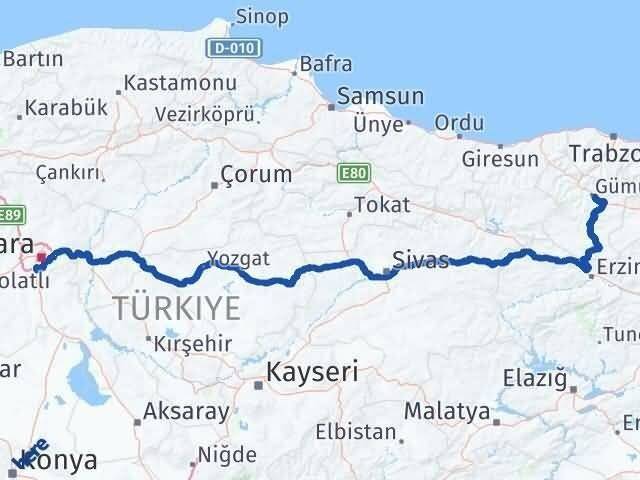 Ankara Gölbaşı Gümüşhane Arası Kaç Km - Yol Haritası