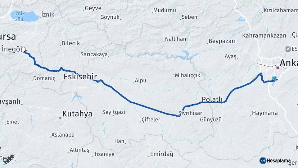 Ankara Gölbaşı İnegöl Bursa Arası Kaç Km - Yol Haritası