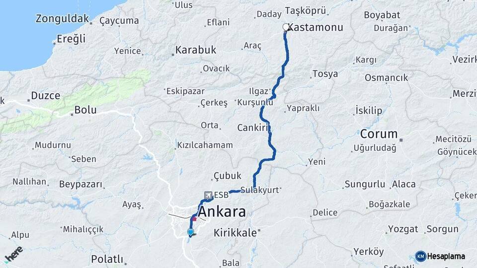 Ankara Gölbaşı Kastamonu Arası Kaç Km - Yol Haritası