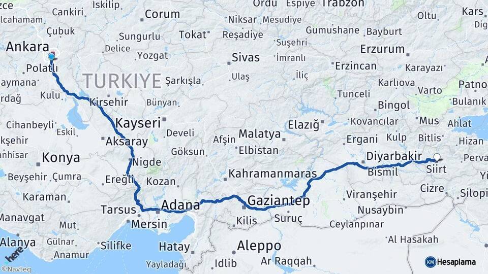 Ankara Gölbaşı Siirt Arası Kaç Km - Yol Haritası