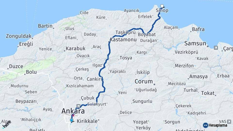 Ankara Gölbaşı Sinop Arası Kaç Km - Yol Haritası