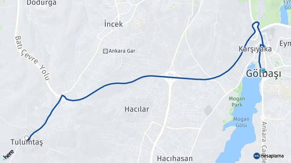 Ankara Gölbaşı Tulumtaş Gölbaşı Arası Kaç Km - Yol Haritası