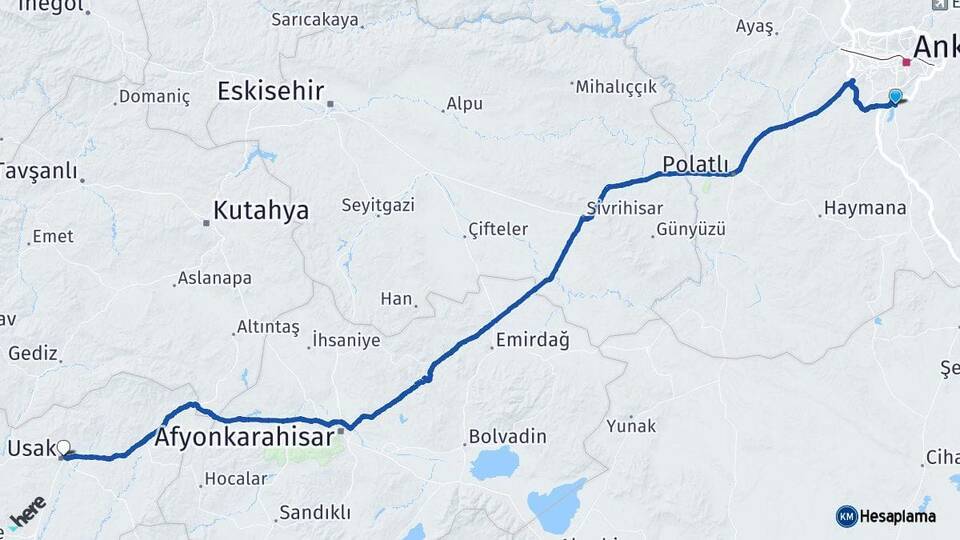 Ankara Gölbaşı Uşak Arası Kaç Km - Yol Haritası