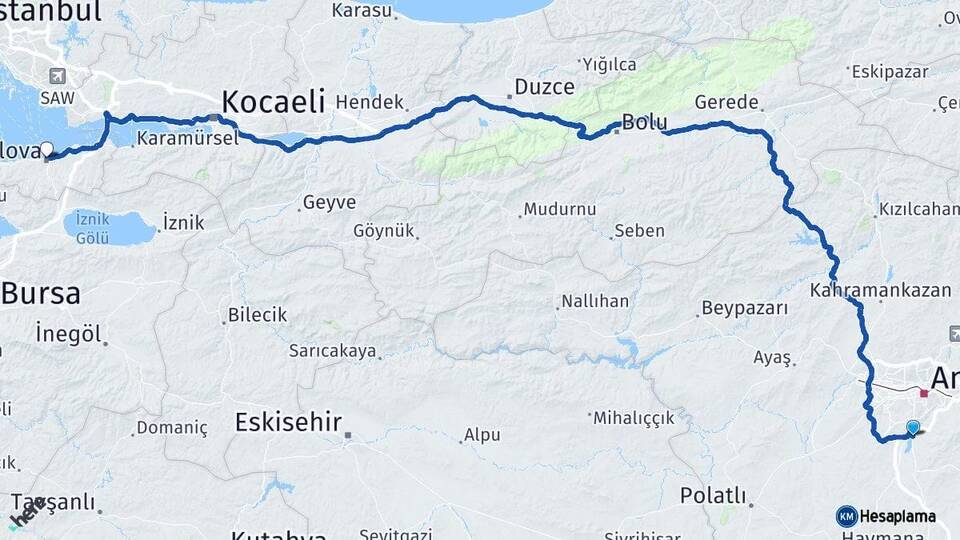 Ankara Gölbaşı Yalova Arası Kaç Km - Yol Haritası
