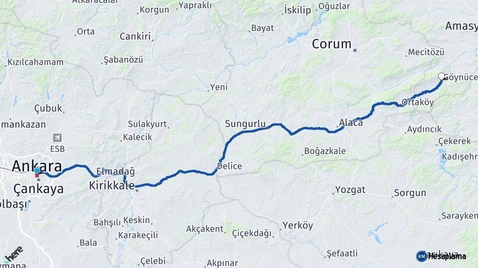 Ankara Göynücek Amasya Arası Kaç Km - Yol Haritası