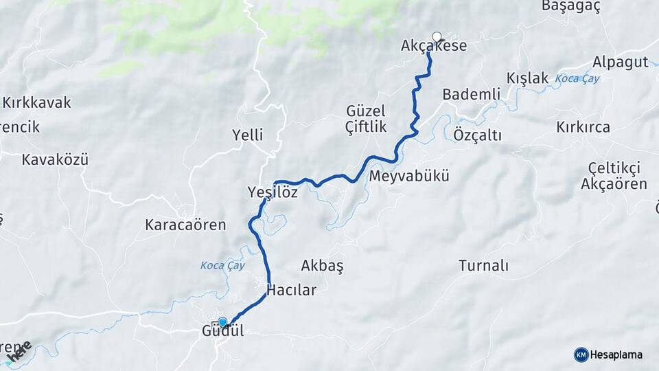 Ankara Güdül Akçakese Güdül Arası Kaç Km - Yol Haritası