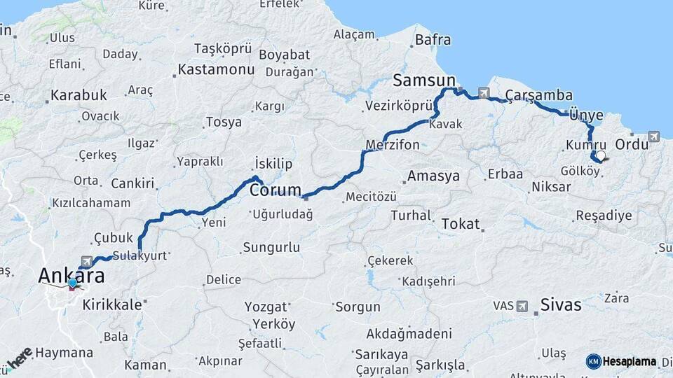 Ankara Gürgentepe Ordu Arası Kaç Km - Yol Haritası