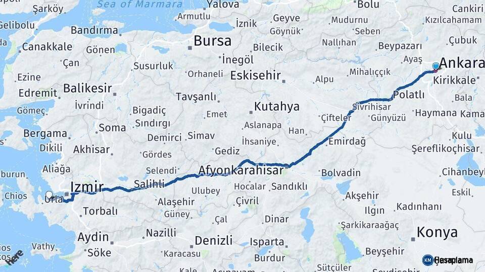 Ankara Güzelbahçe İzmir Arası Kaç Km - Yol Haritası