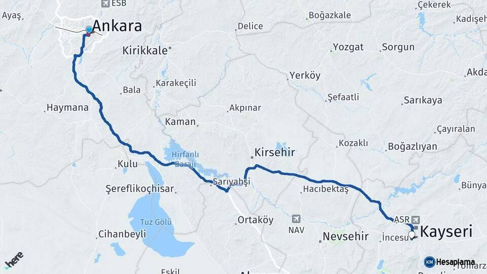 Ankara Hacılar Kayseri Arası Kaç Km - Yol Haritası