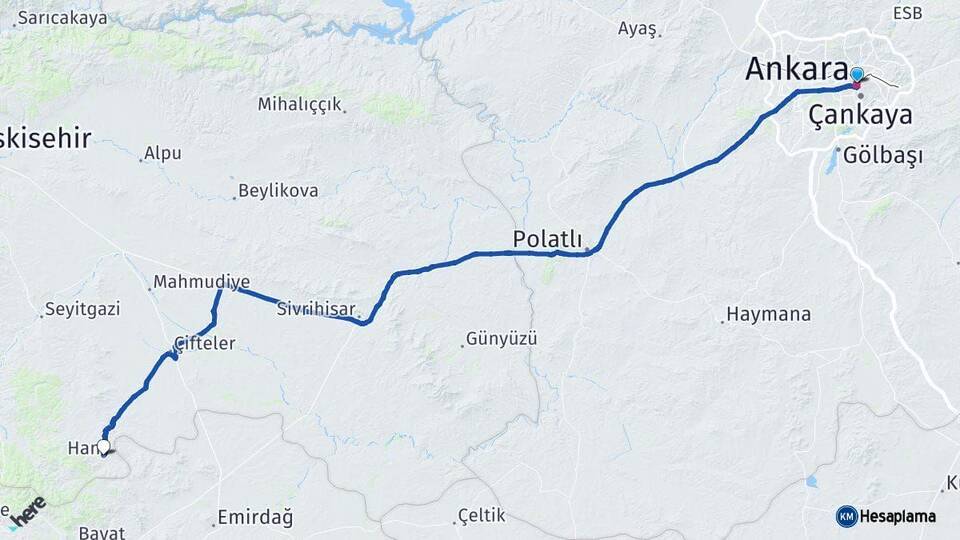 Ankara Han Eskişehir Arası Kaç Km - Yol Haritası