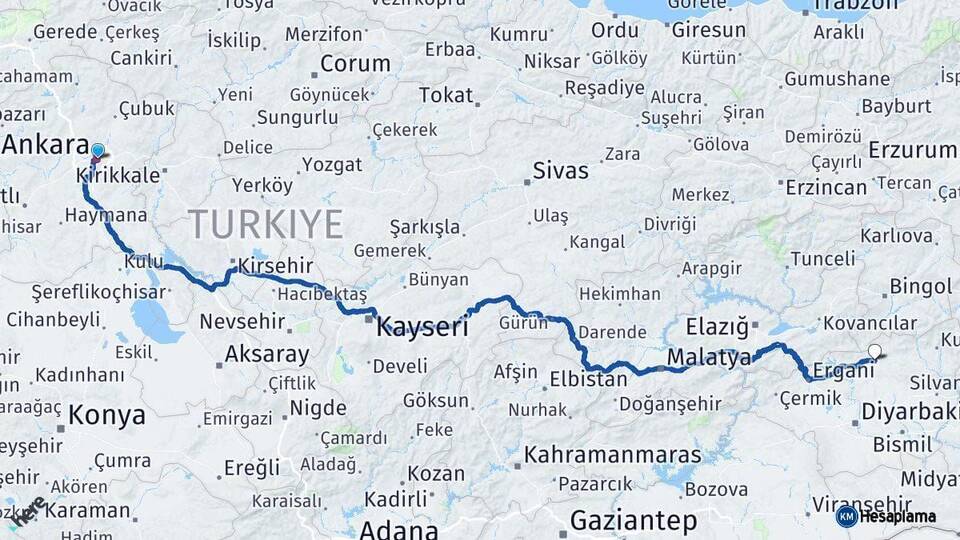 Ankara Hani Diyarbakır Arası Kaç Km - Yol Haritası