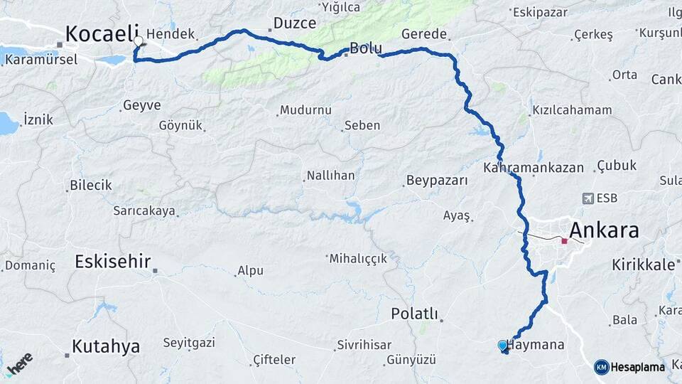 Ankara Haymana Adapazarı Sakarya Arası Kaç Km - Yol Haritası