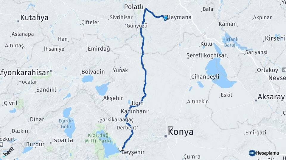 Ankara Haymana Beyşehir Konya Arası Kaç Km - Yol Haritası