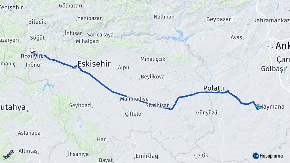 Ankara Haymana Bozüyük Bilecik Arası Kaç Km - Yol Haritası