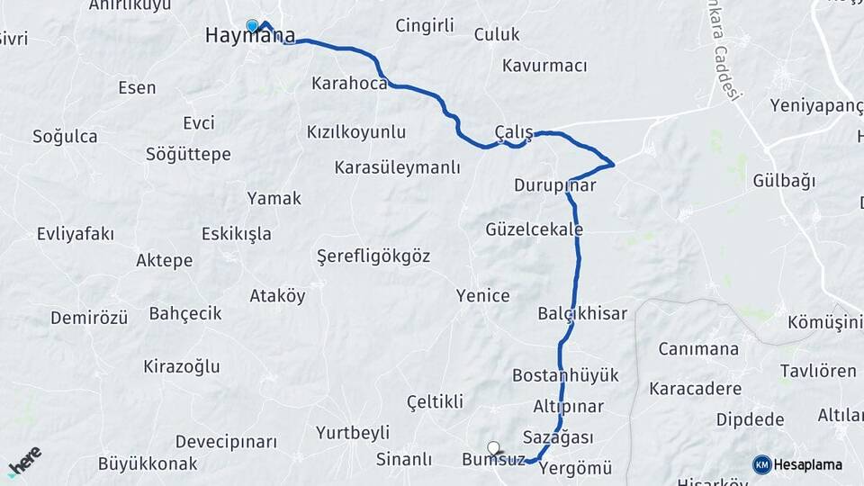 Ankara Haymana Bumsuz Haymana Arası Kaç Km - Yol Haritası