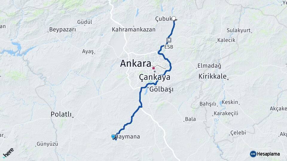 Ankara Haymana Çubuk Arası Kaç Km - Yol Haritası