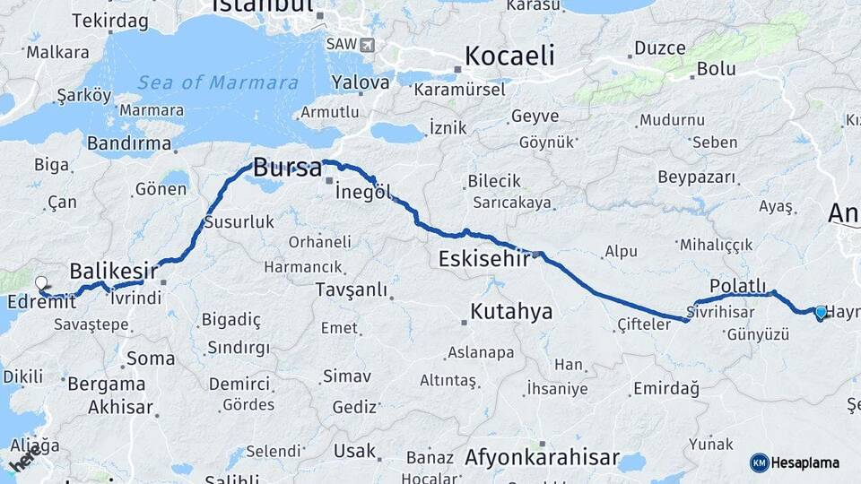 Ankara Haymana Edremit Balıkesir Arası Kaç Km - Yol Haritası
