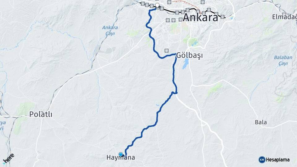 Ankara Haymana Etimesgut Arası Kaç Km - Yol Haritası