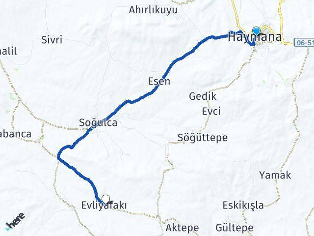Ankara Haymana Evliyafakı Haymana Arası Kaç Km - Yol Haritası