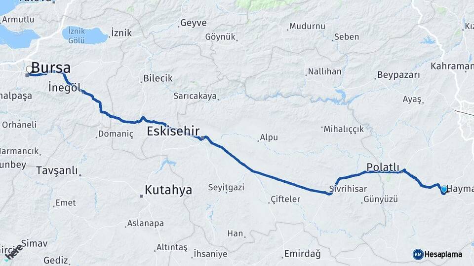 Ankara Haymana Osmangazi Bursa Arası Kaç Km - Yol Haritası