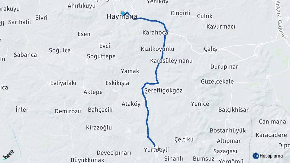 Ankara Haymana Yurtbeyli Haymana Arası Kaç Km - Yol Haritası