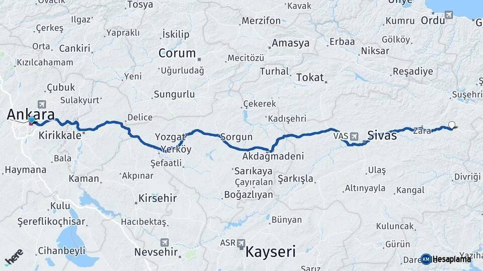 Ankara İmranlı Sivas Arası Kaç Km - Yol Haritası