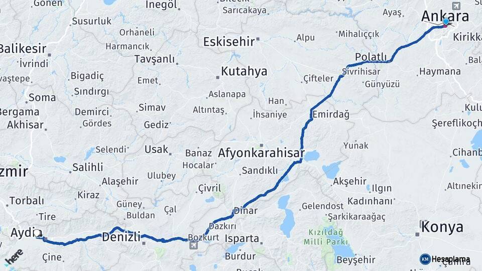Ankara İncirliova Aydın Arası Kaç Km - Yol Haritası