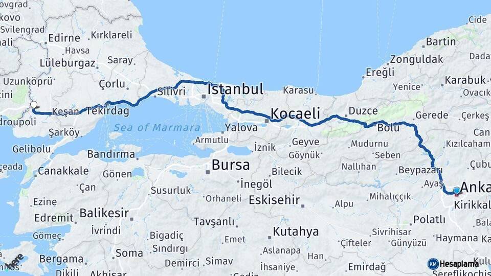 Ankara İpsala Edirne Arası Kaç Km - Yol Haritası
