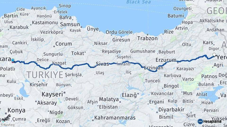 Ankara Kağızman Kars Arası Kaç Km - Yol Haritası