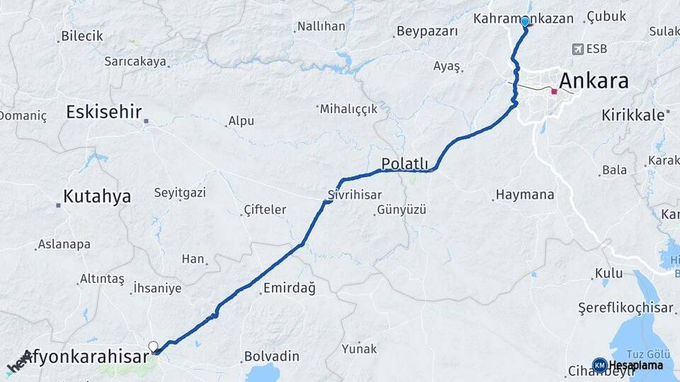 Ankara Kahramankazan Afyonkarahisar Arası Kaç Km - Yol Haritası