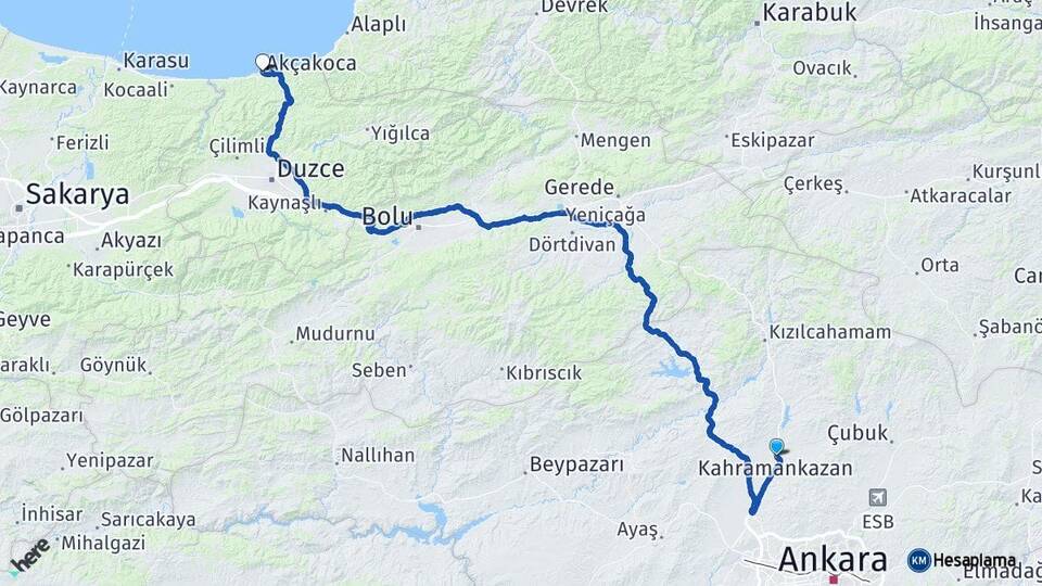 Ankara Kahramankazan Akçakoca Düzce Arası Kaç Km - Yol Haritası