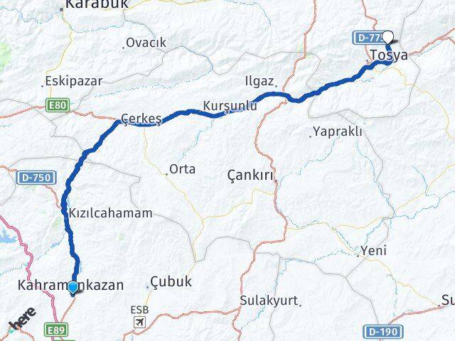 Ankara Kahramankazan Akseki Tosya Kastamonu Arası Kaç Km - Yol Haritası