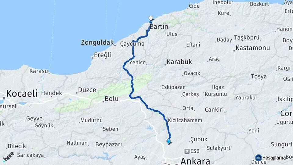 Ankara Kahramankazan Amasra Bartın Arası Kaç Km - Yol Haritası