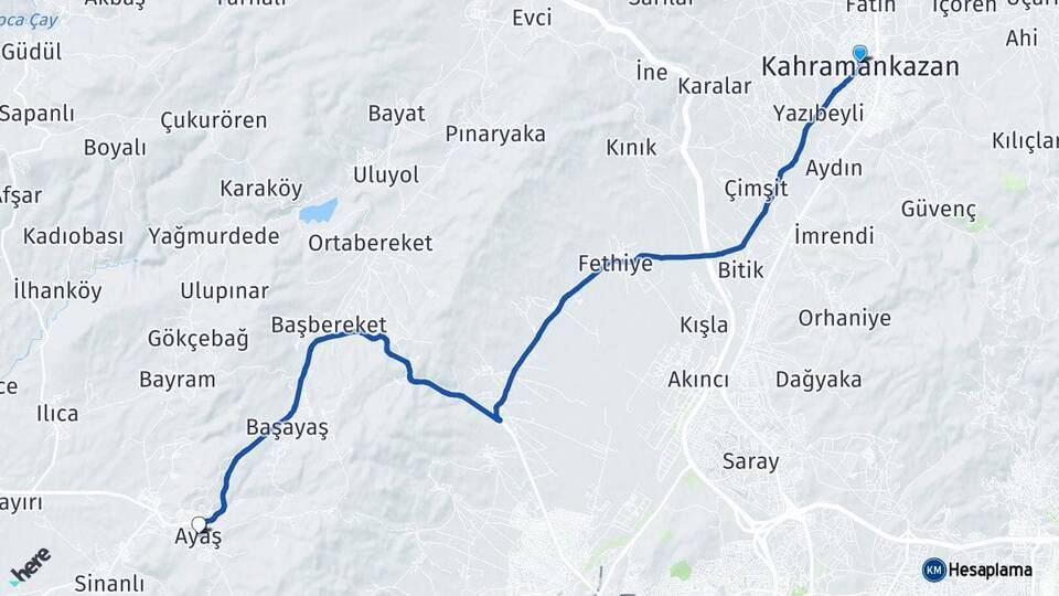 Ankara Kahramankazan Ayaş Arası Kaç Km - Yol Haritası