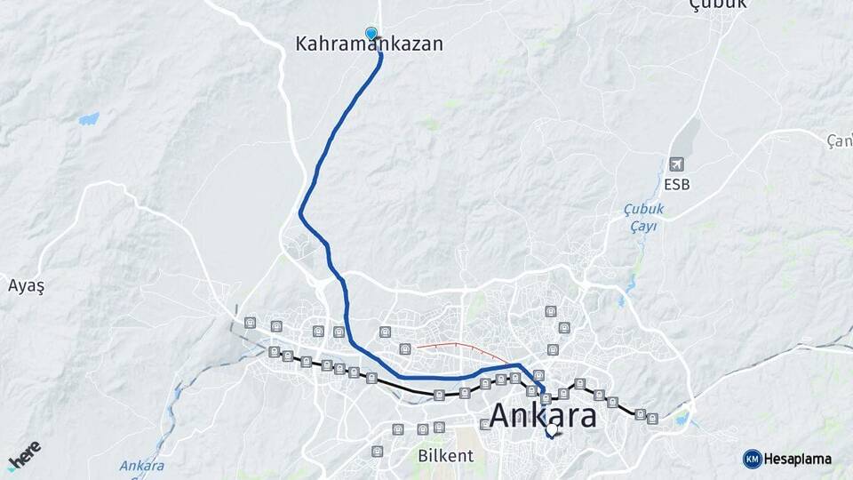 Ankara Kahramankazan Çankaya Arası Kaç Km - Yol Haritası