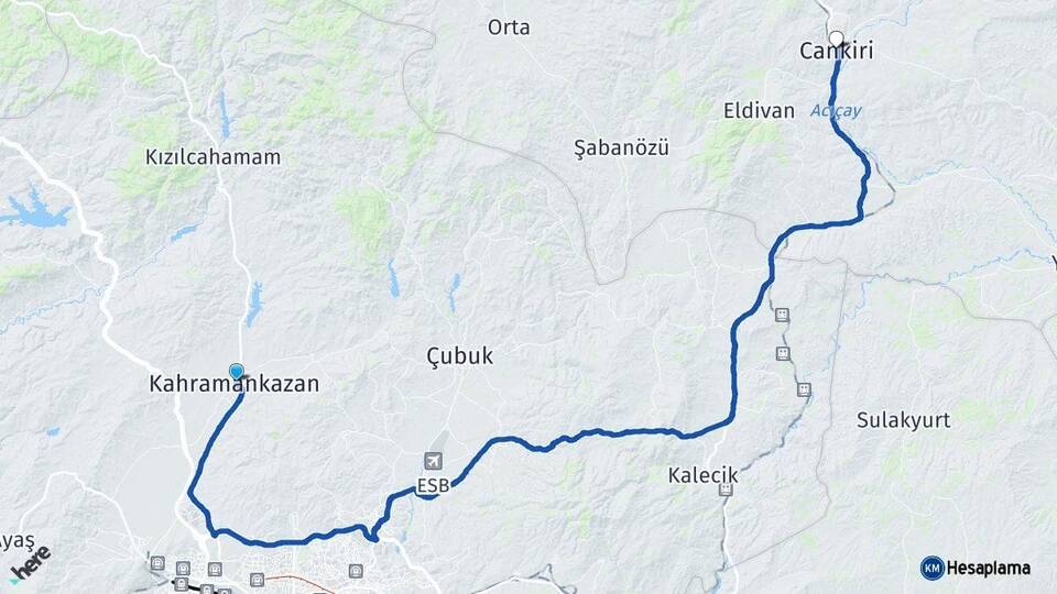 Ankara Kahramankazan Çankırı Arası Kaç Km - Yol Haritası